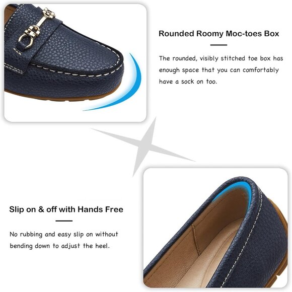 Kordal Women's Navy Leather Gold Accent Buckle Slip-Ons Walking Flats Loafers - Picture 5 of 9